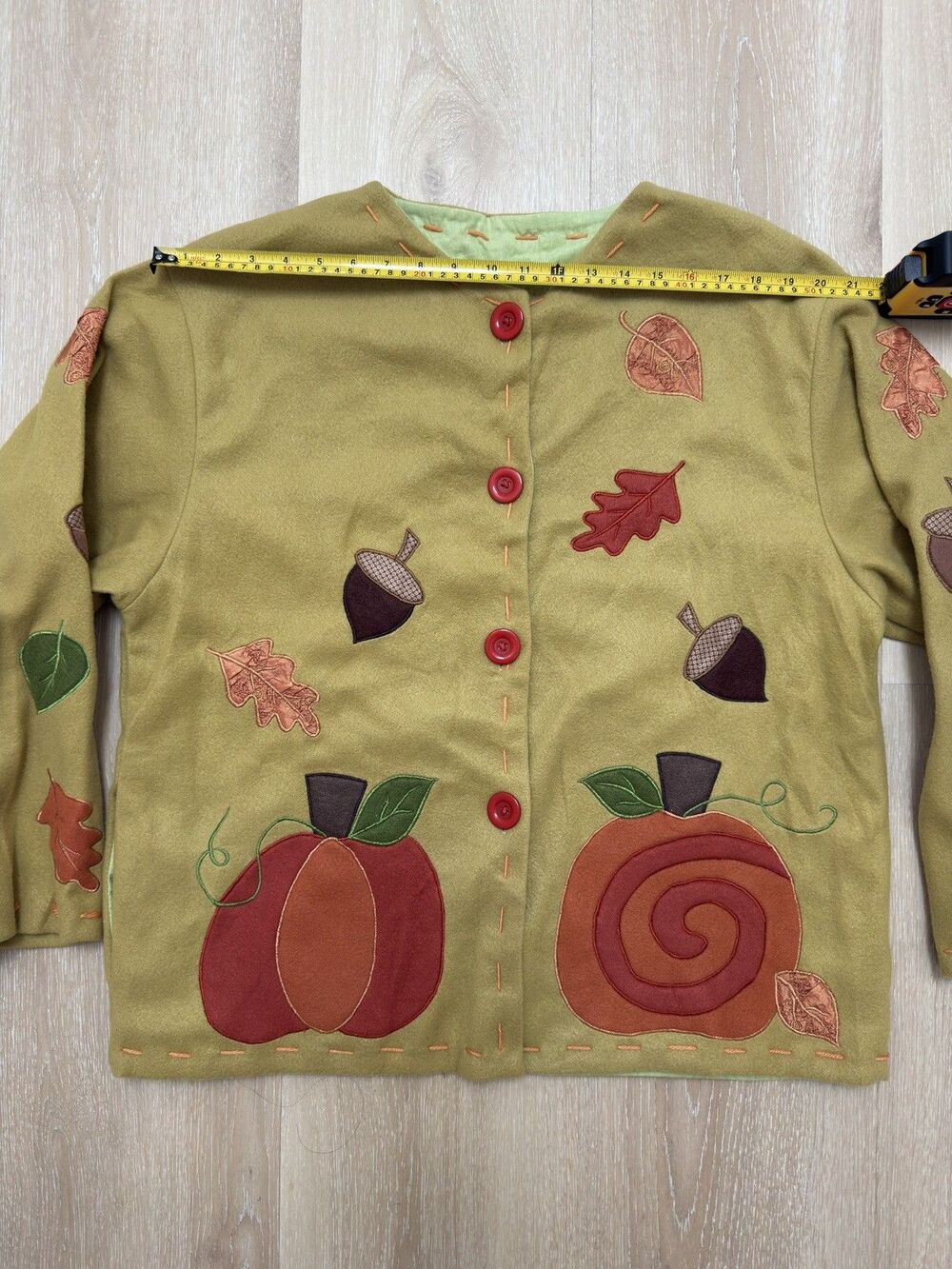VTG 90s Y2K Autumn Pumpkin Leaf Applique Fleece Jacket Mustard Cardigan L Lined - Picture 11 of 16
